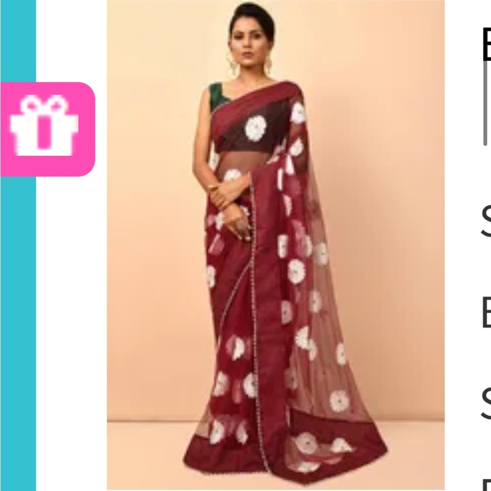 Embroidered Net Saree in Maroon